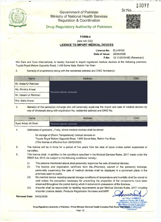 Licence to Import Medical Devices certificate