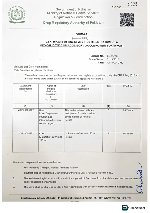 CURE IV Set with Y-Port and IV Burette certificate