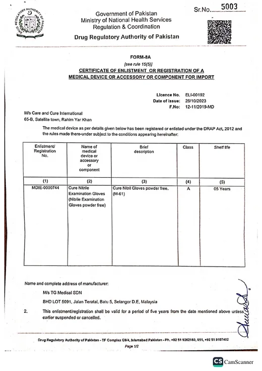 CURE Nitrile Examination Gloves certificate