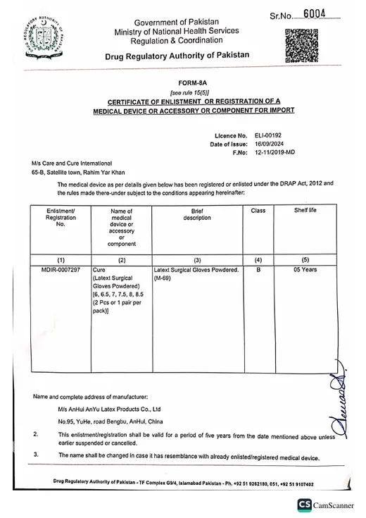 CURE Latex Surgical Gloves, Powdered certificate
