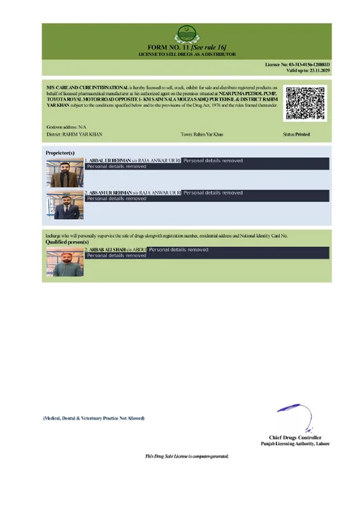 Licence to Sell Drugs as a Distributor certificate