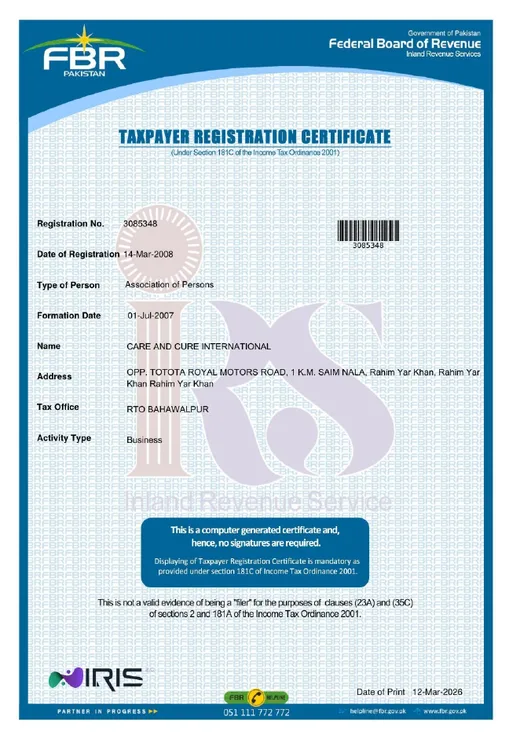Taxpayer Registration (NTN) certificate