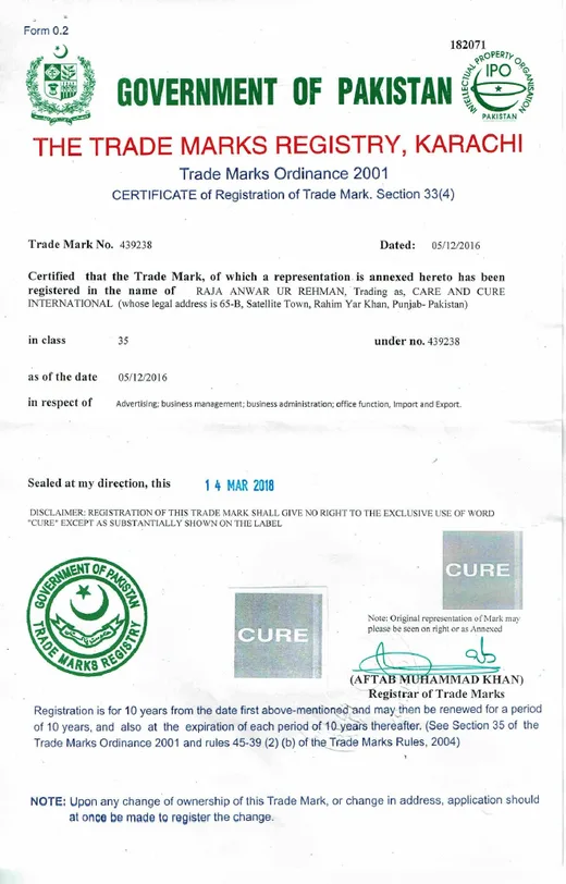 CURE Registered Trade Mark certificate