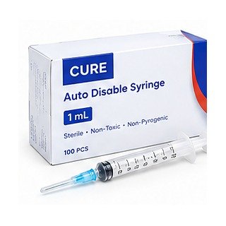 CURE Auto Disable Syringe 1 mL box of 100 with syringe