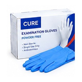 CURE Examination Gloves Powder Free box with blue gloves