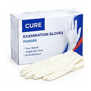 CURE Examination Gloves Powdered dispenser box with off-white gloves