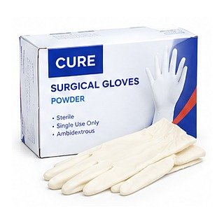 CURE Surgical Gloves Powder box with sterile off-white gloves